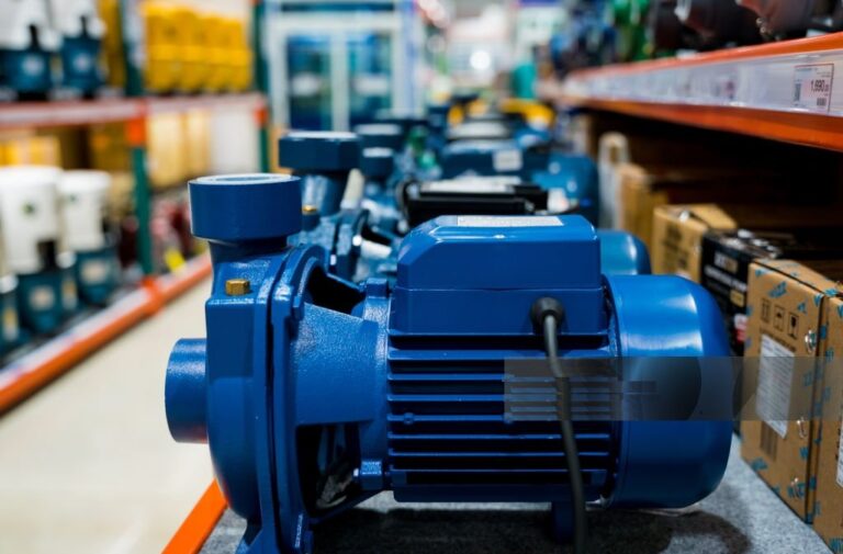 Industrial water pump with electric motor for community on a store shelf.