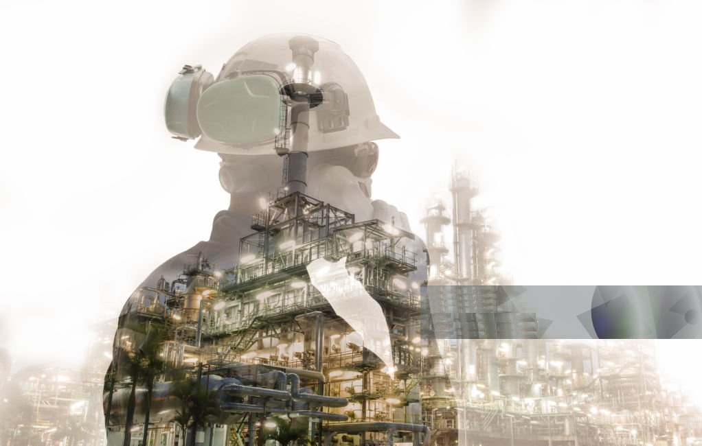 Double exposure of engineer or technician man with safety helmet communicate operated plant